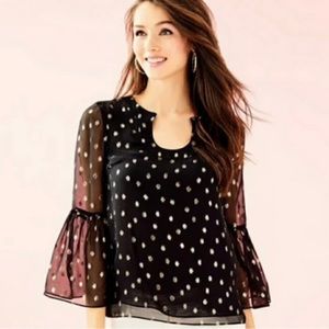 Lilly Pulitzer Amory Black & Gold Starry Clip Chiffon Silk Blend Blouse #28745
